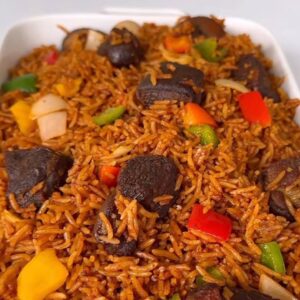 Assorted Jollof with beef/ goat meat pieces